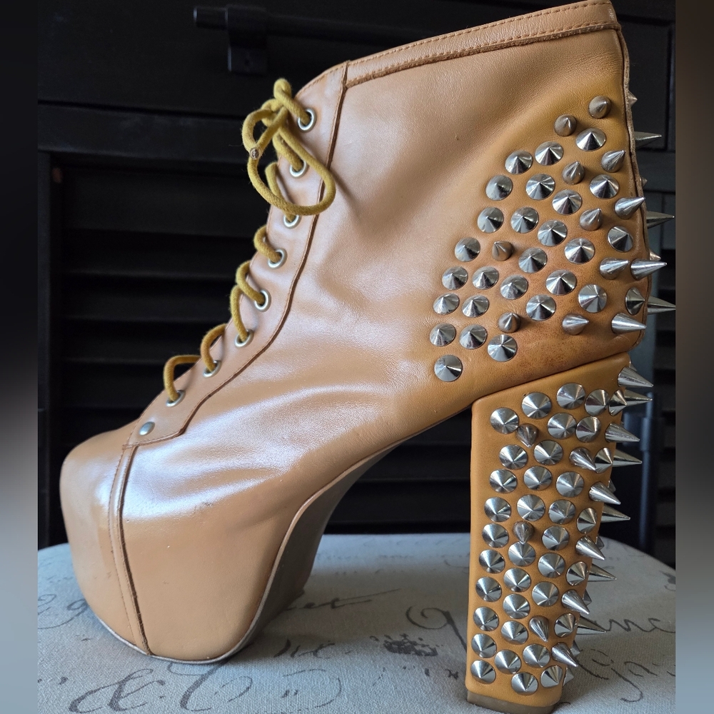 Jeffrey Campbell Womens Silver Spike Platform Ankle Boots Tan Size 10